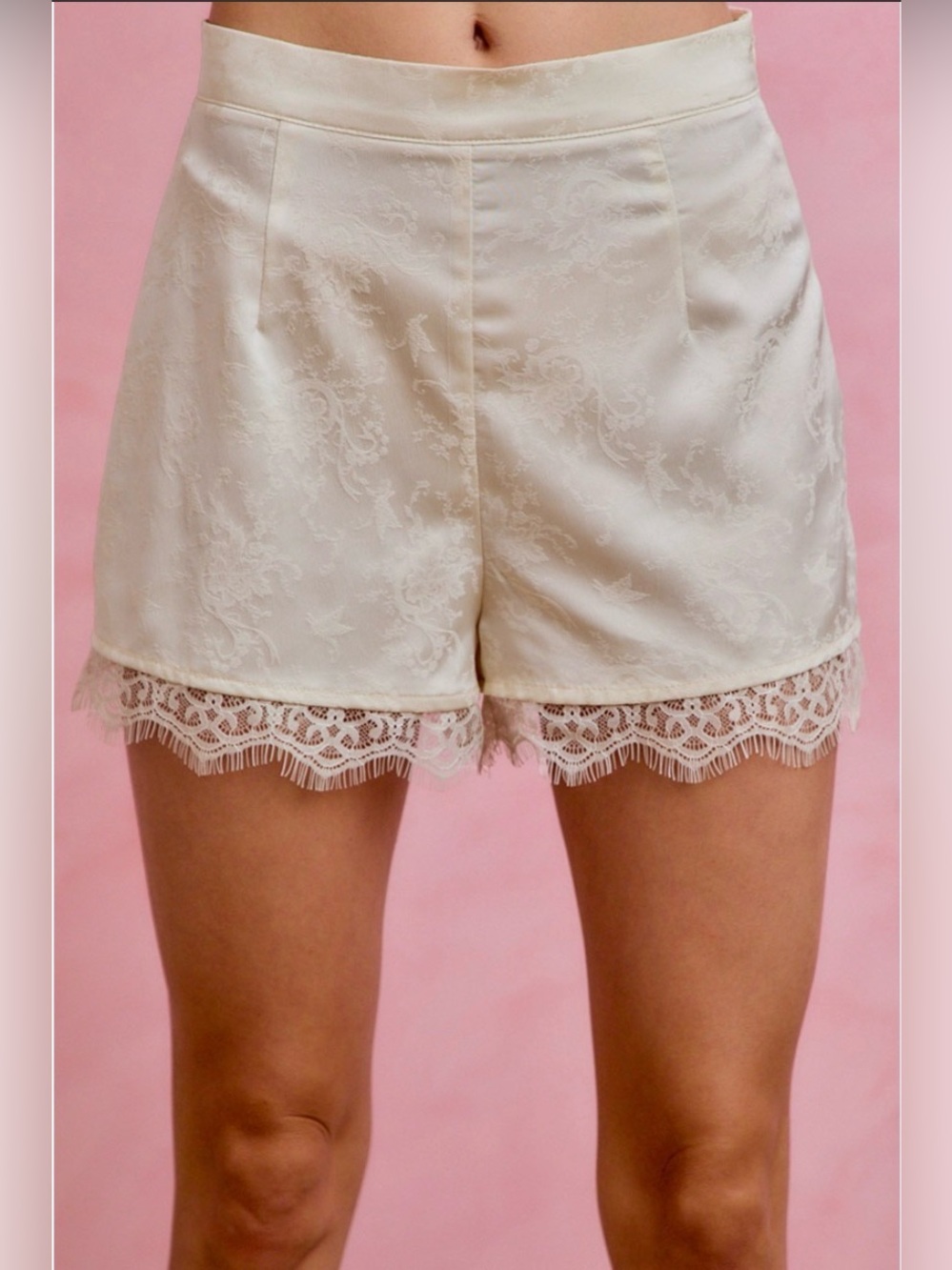 So Me High Waist Satin Lace Trim Shorts in Cream